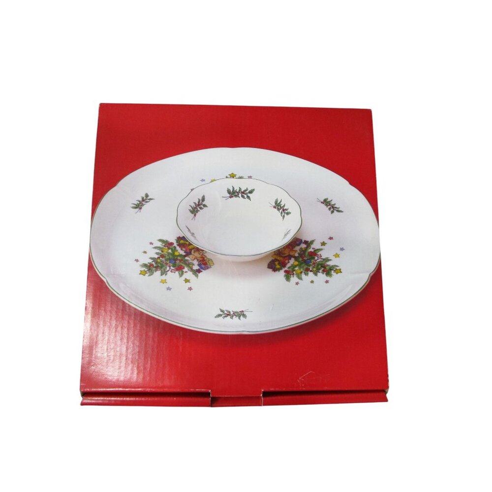 Chip and Dip Tray Happy Holidays Christmas Vintage Tree Pattern  Nikko Japan - Picture 2 of 13